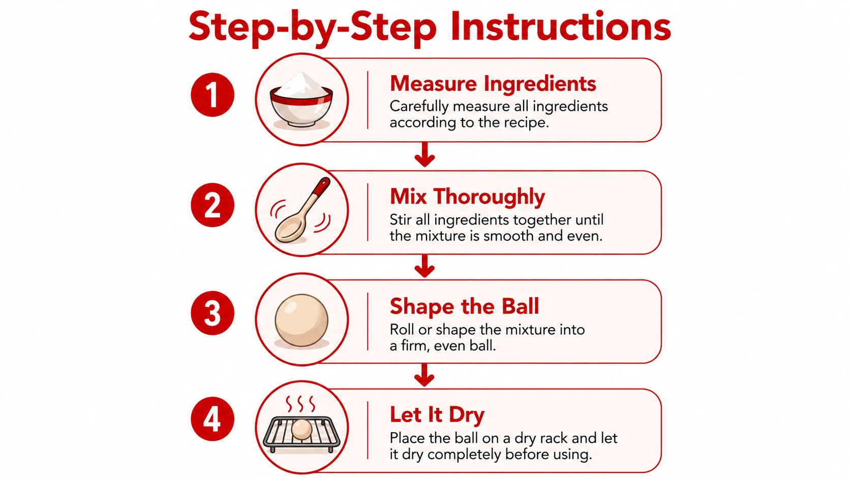 A four-step instructional graphic showing how to make a homemade bouncy ball with simple icons and text.