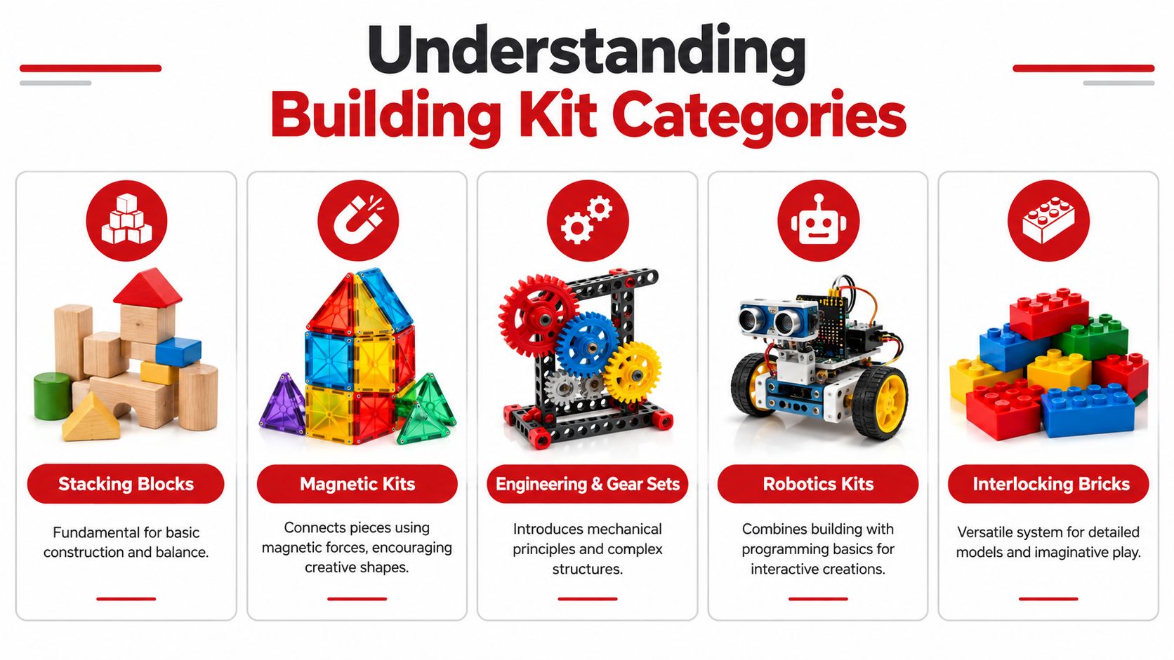 An infographic titled Understanding Building Kit Categories showcasing five different types of educational toys for children.