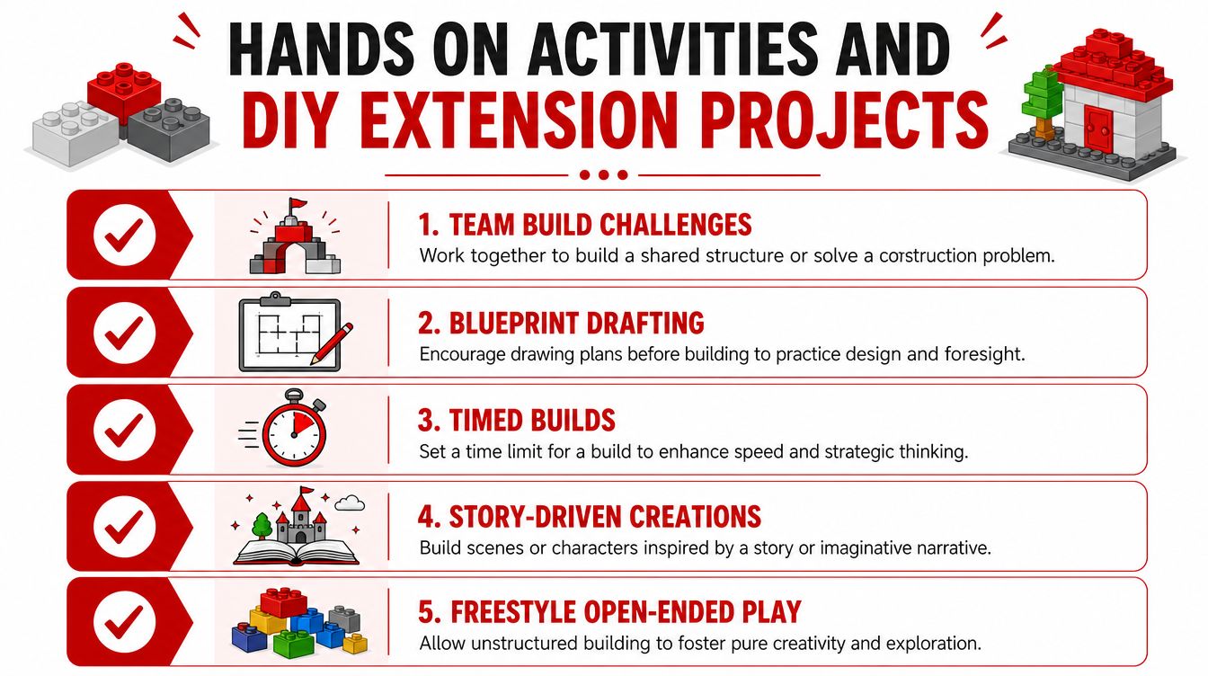 A list of five hands-on creative building activities for children featuring LEGO-style bricks and project ideas.