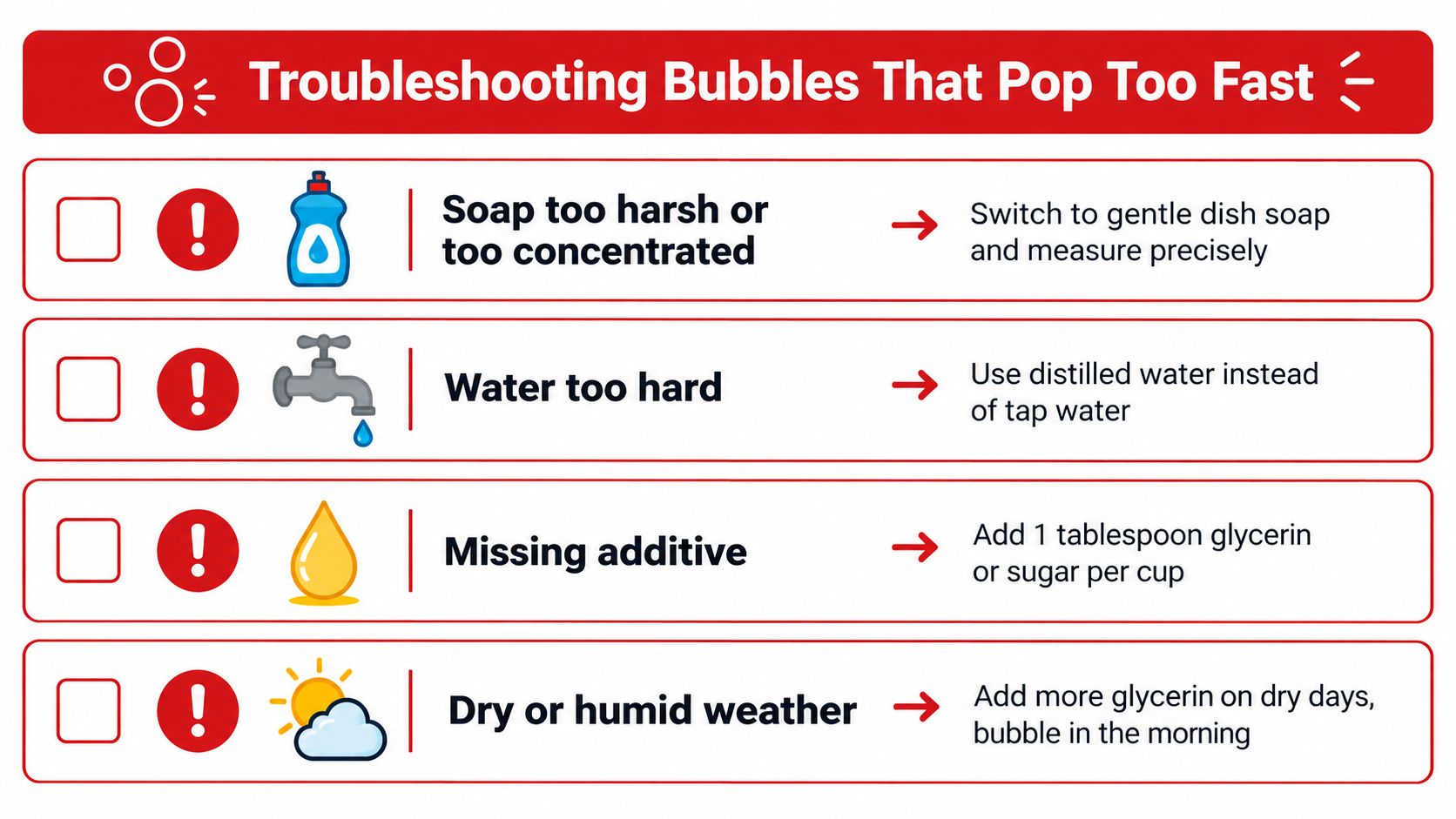 A troubleshooting infographic for DIY bubble solution showing four causes for bubbles popping too quickly.