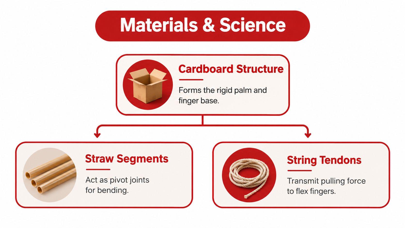 A diagram illustrating the materials used to build a mechanical hand, featuring cardboard, straws, and string.