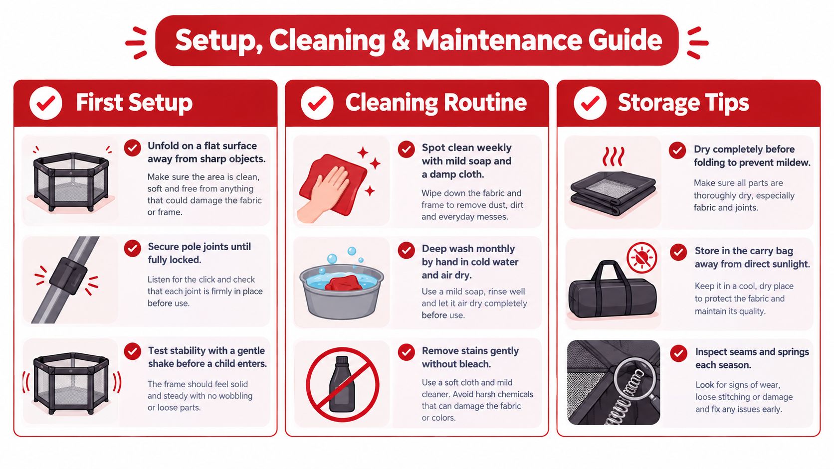 A detailed instructional infographic displaying setup, cleaning, and maintenance tips for a portable kids pop up tent.