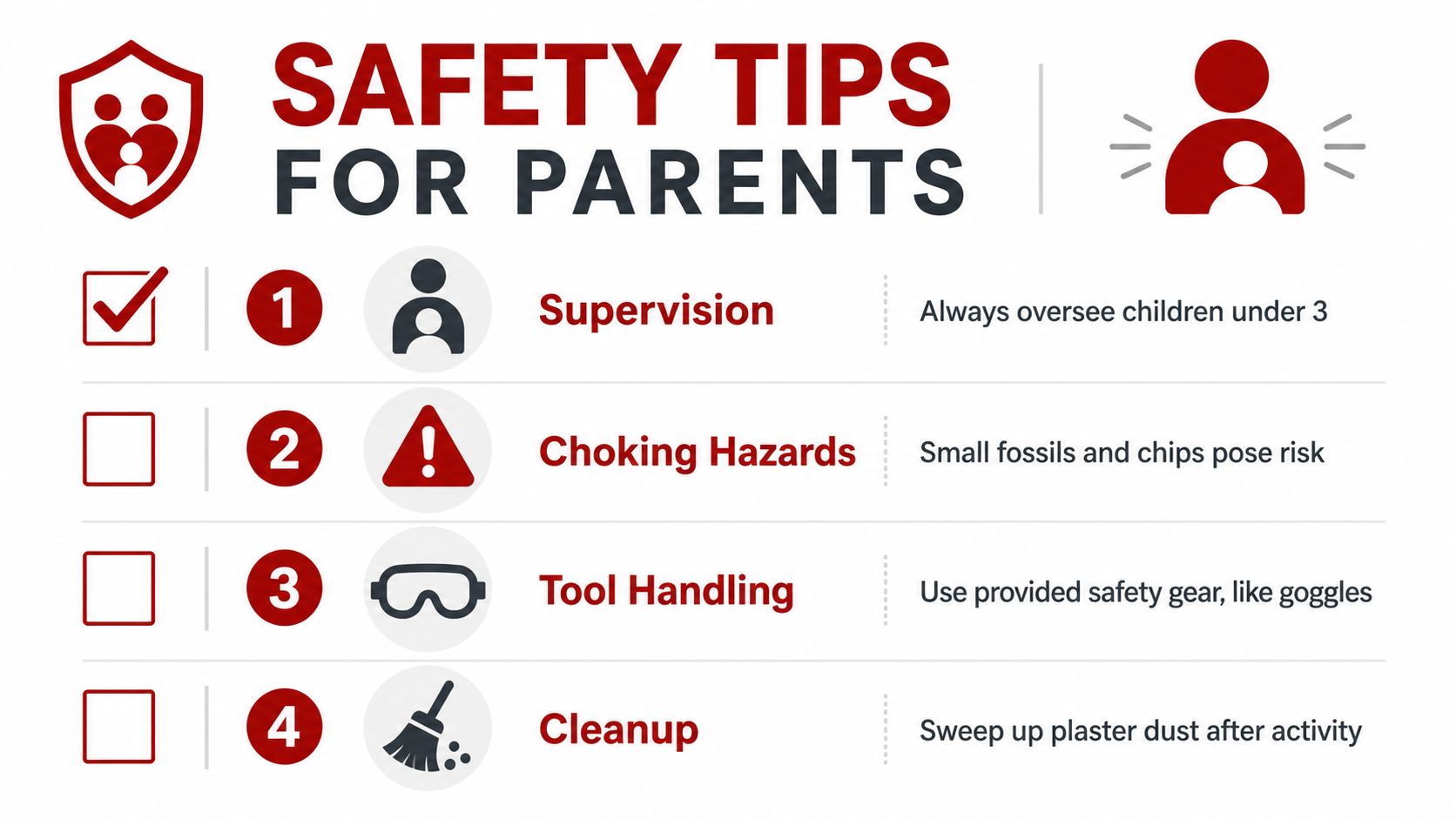 A safety tip graphic for parents regarding fossil dig kits, highlighting supervision, choking hazards, tool handling, and cleanup.