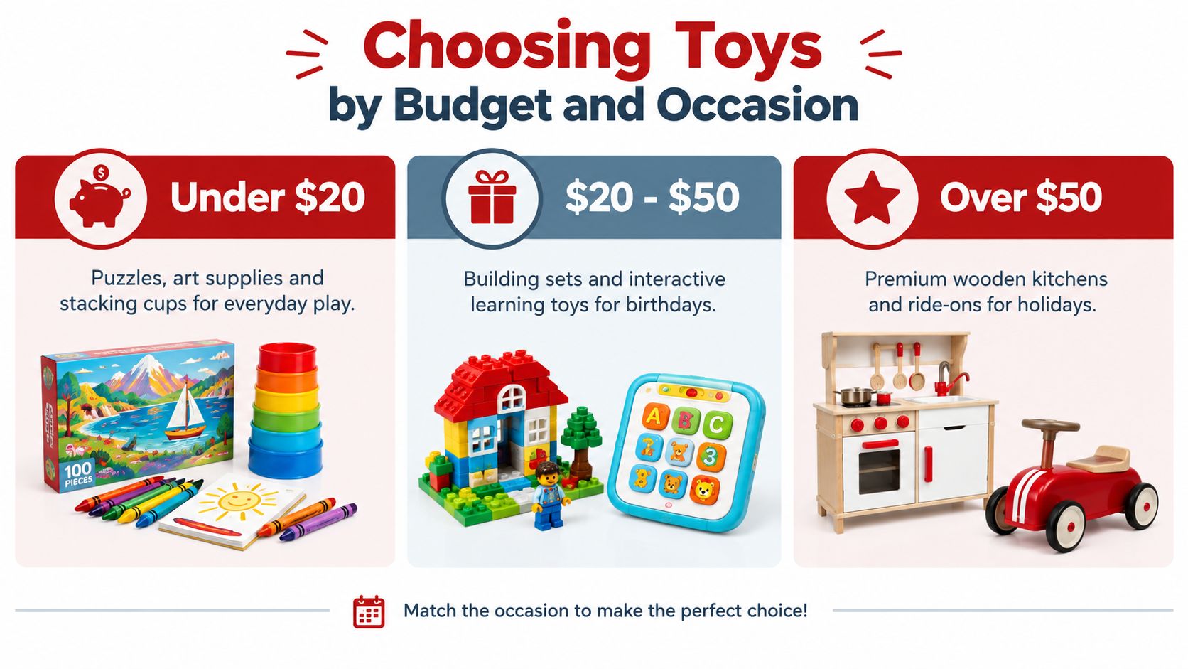 An infographic categorizing toy gift ideas by price budget ranging from under twenty to over fifty dollars.