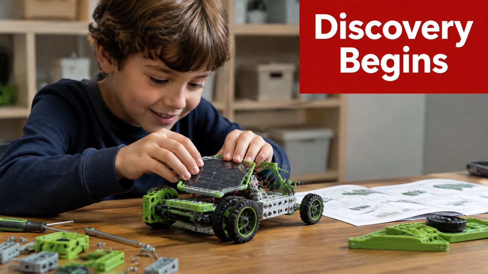 A young boy smiling while assembling a green solar-powered toy car from a robotics construction kit.