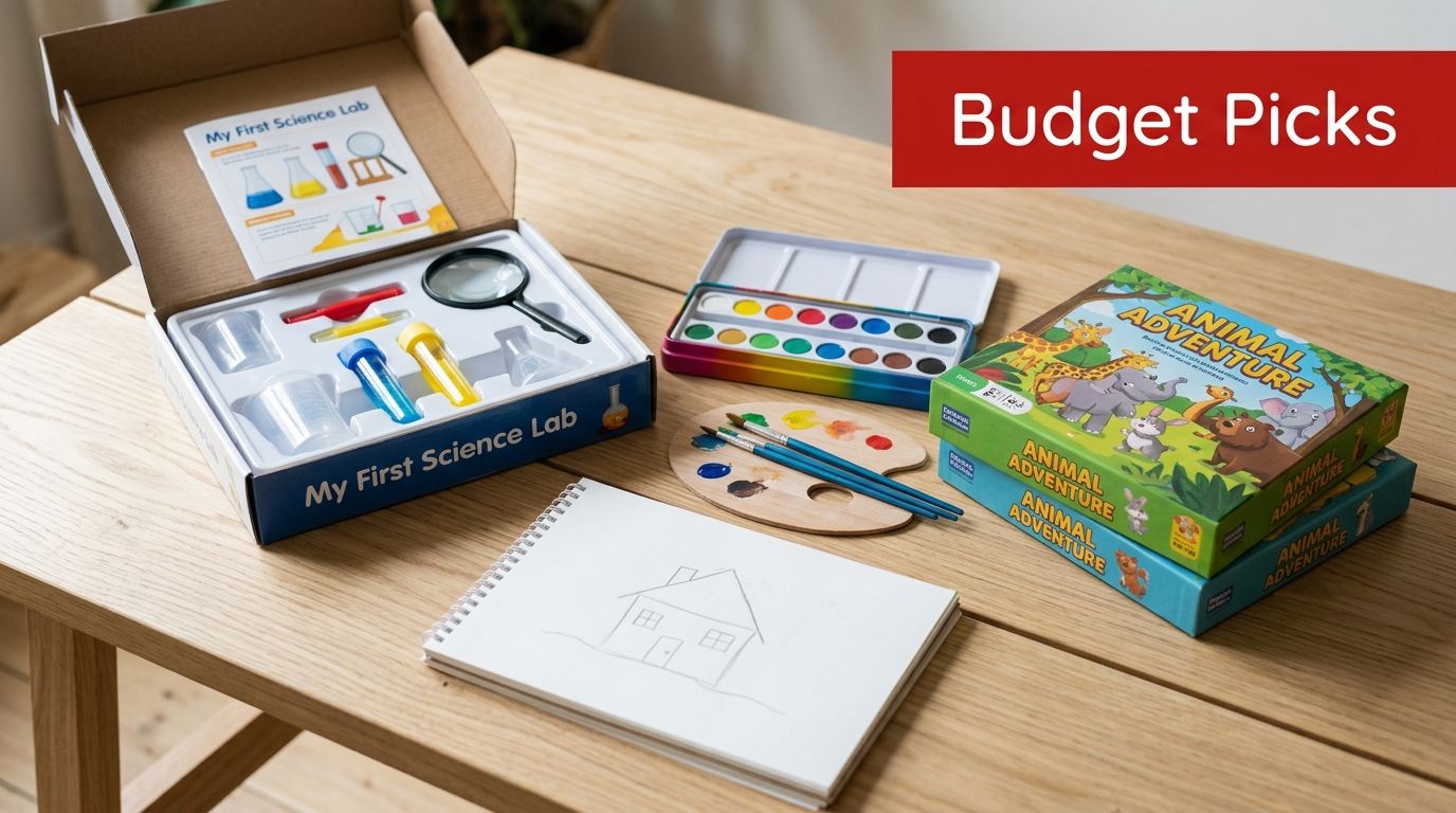 A wooden table featuring a science kit, watercolor paints, brushes, a sketchbook, and animal adventure board games.