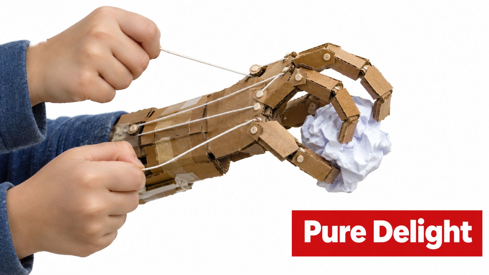 A child's hands operating a cardboard mechanical toy hand to grip a crumpled piece of paper.