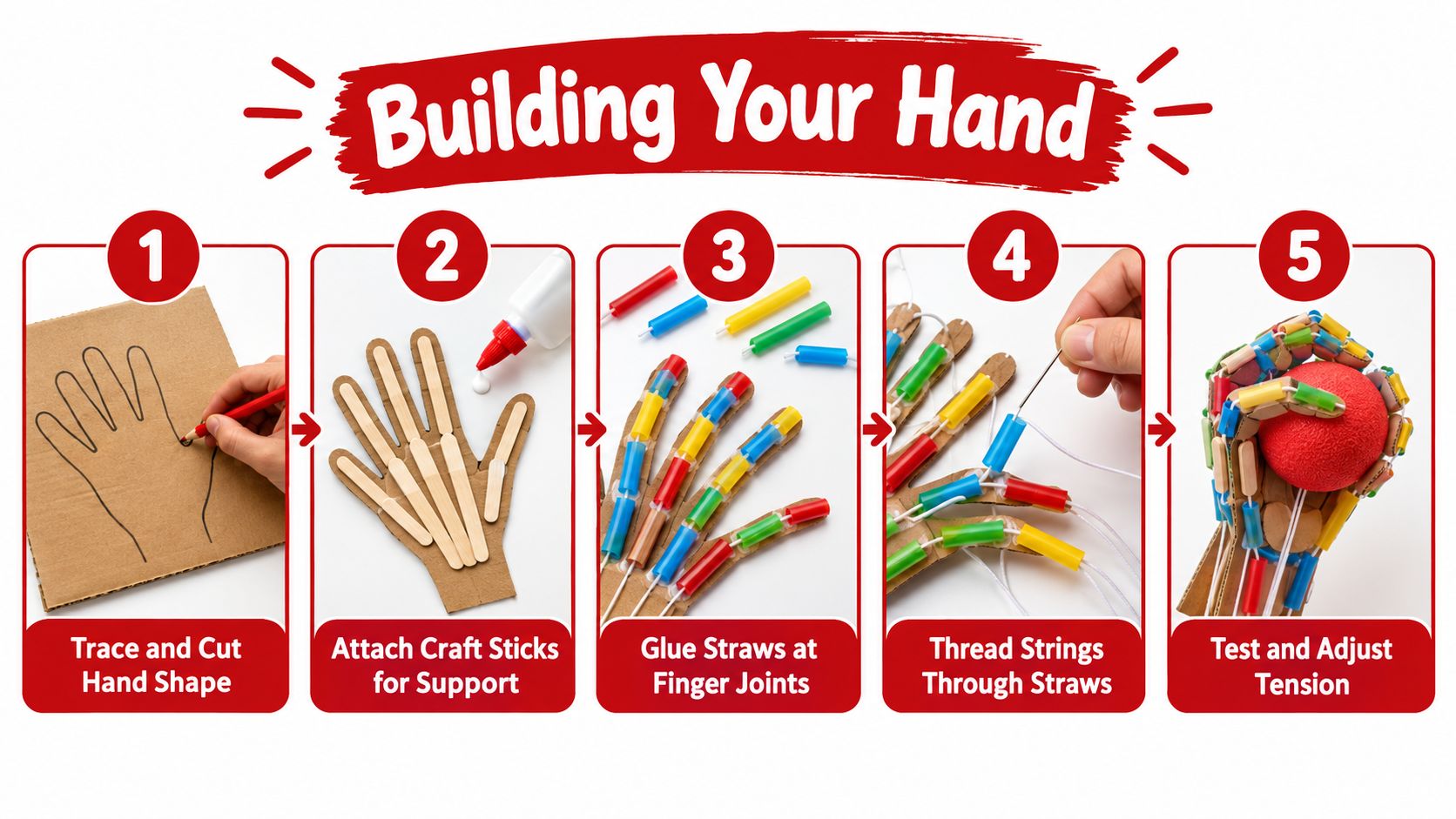A five-step guide for creating a DIY mechanical hand using cardboard, craft sticks, straws, and string.