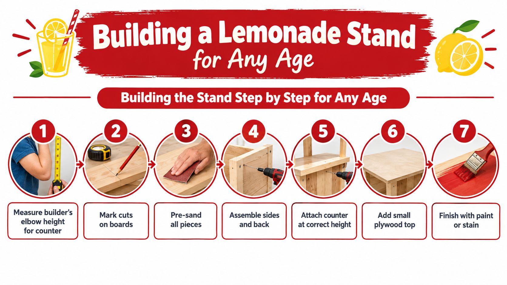 A step-by-step guide illustrating how to build a lemonade stand with seven distinct construction phases.