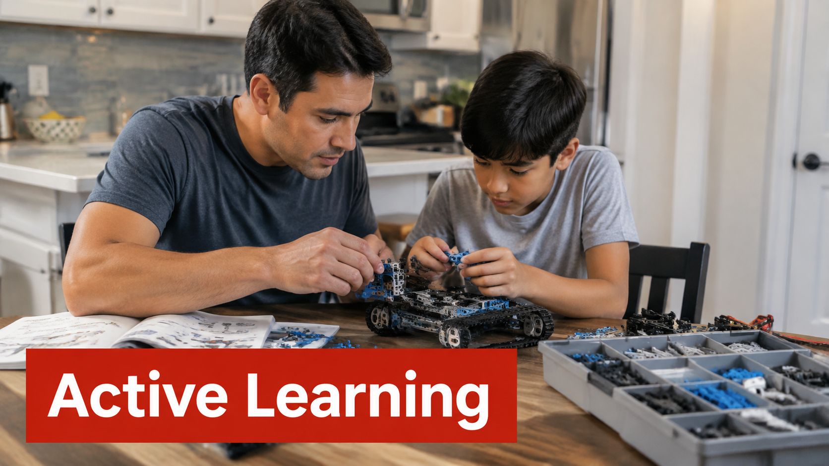 A father and son sitting at a table together building a model robot using stem building kits.