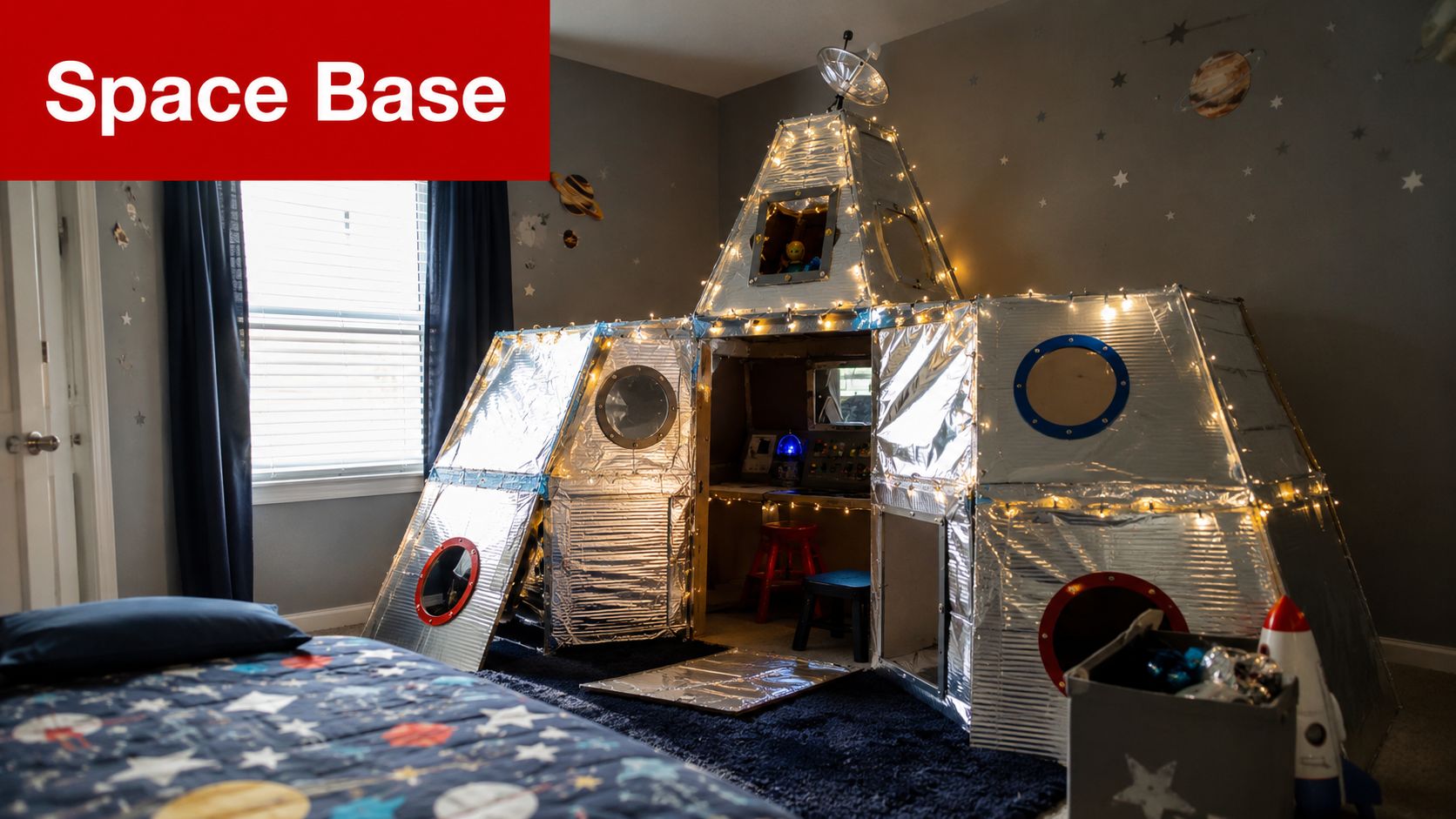 A DIY cardboard rocket ship play fort decorated with fairy lights inside a child's space-themed bedroom.