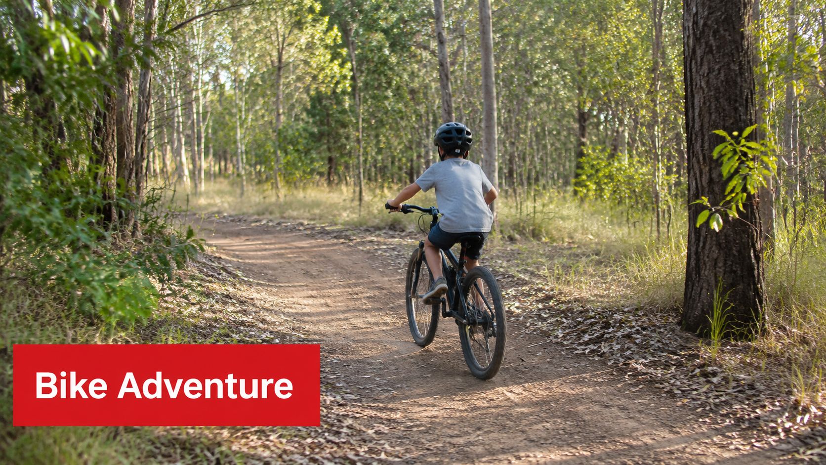A young child wearing a helmet rides a bicycle along a dirt trail in a forest.