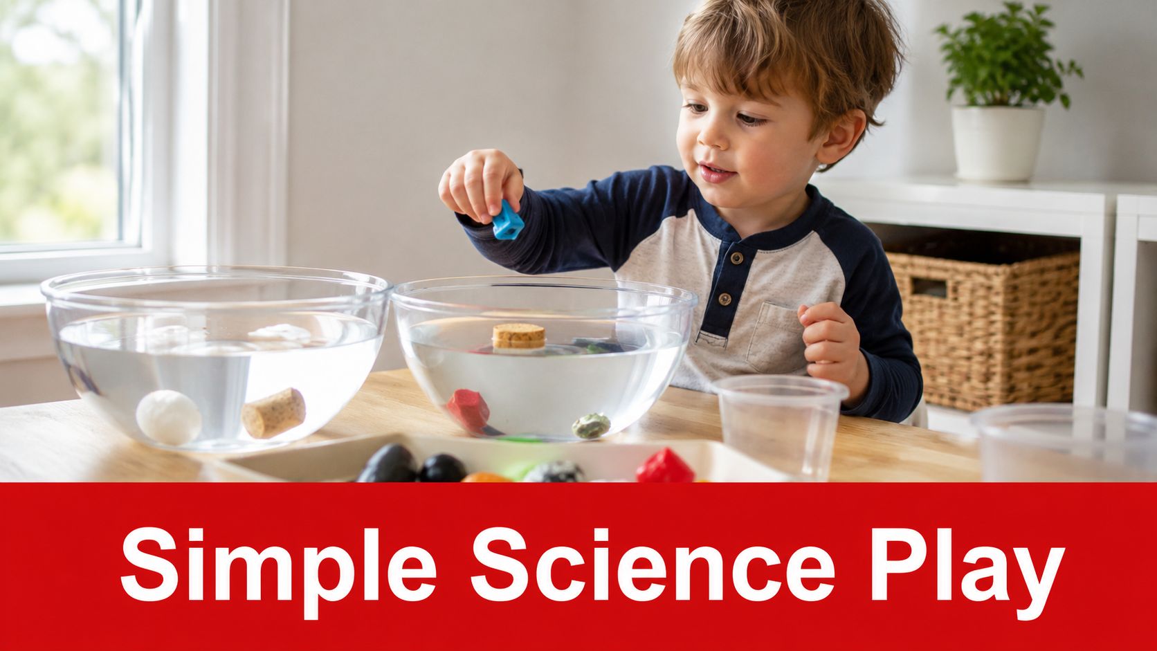 A curious toddler plays with a science experiment involving floating objects in bowls of water.