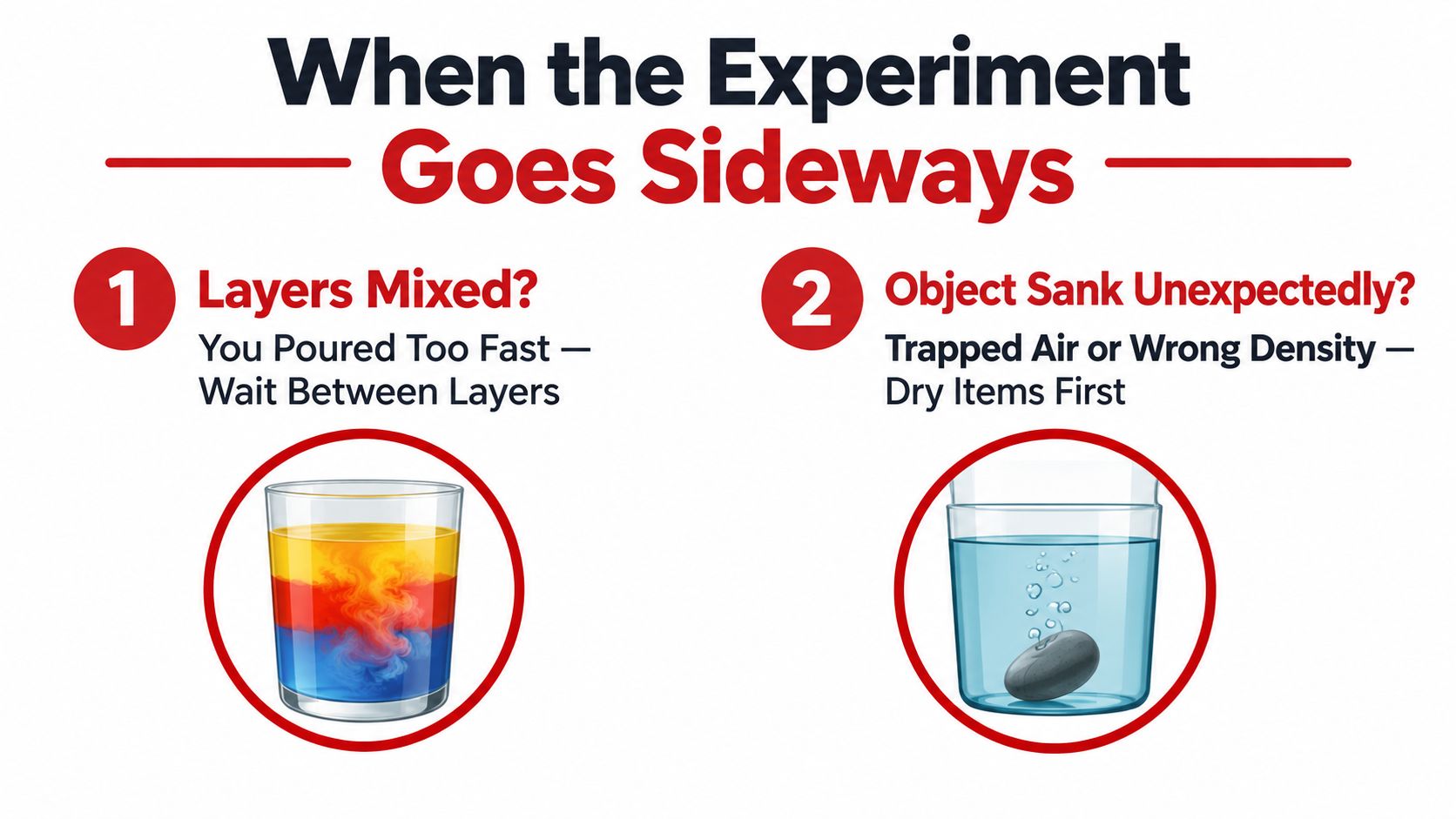 A graphic showing tips for troubleshooting common liquid density experiments when layers mix or objects sink unexpectedly.