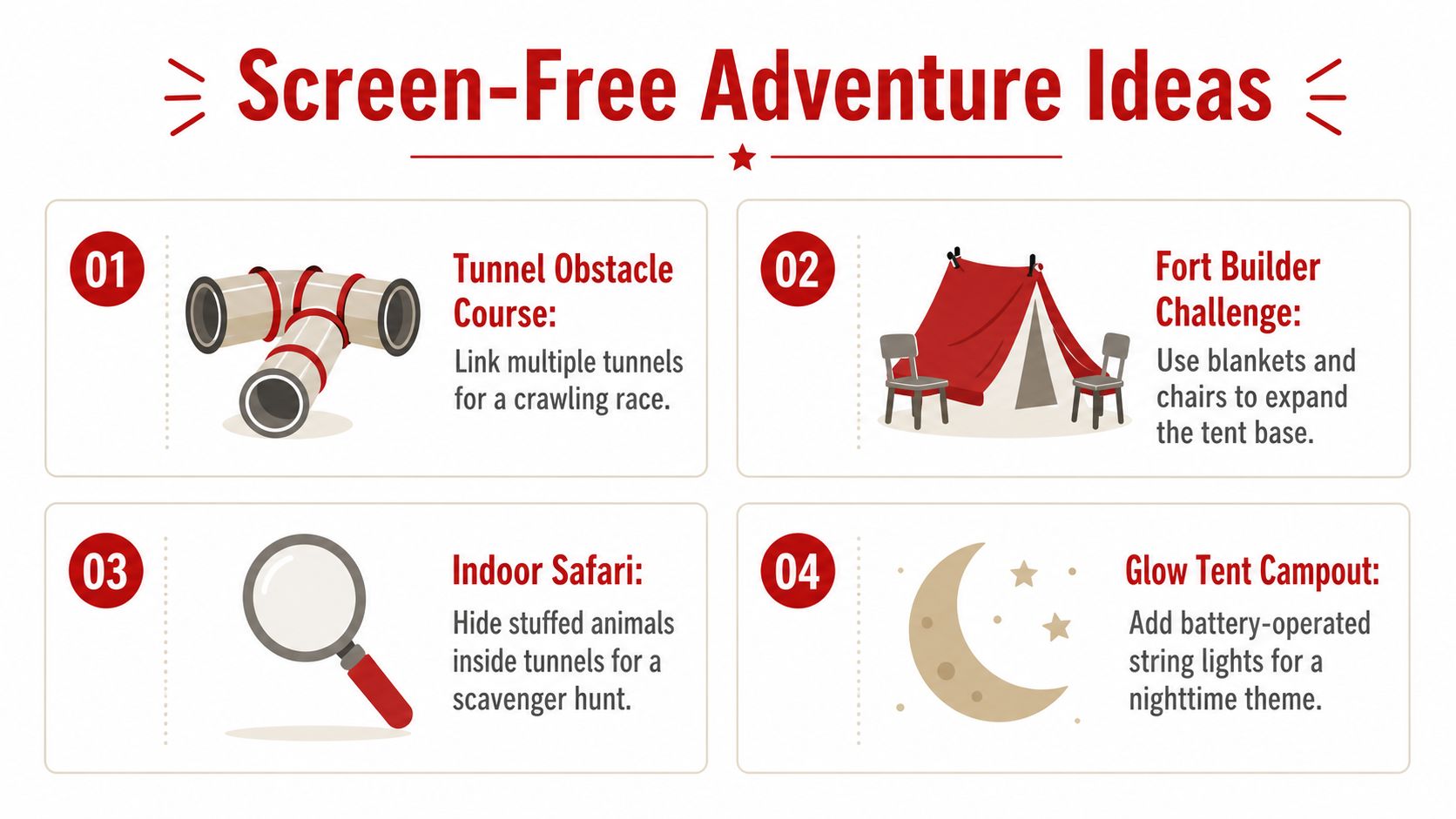 An infographic titled Screen-Free Adventure Ideas featuring four creative play activities using tunnels and blankets.