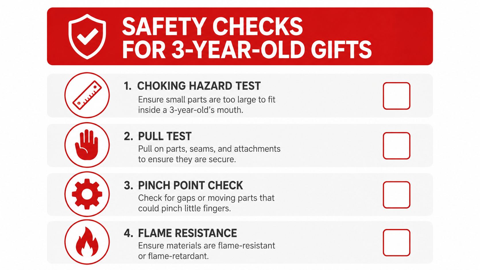 A safety checklist infographic for parents evaluating gifts for three-year-old children, covering choking hazards, durability, and fire safety.