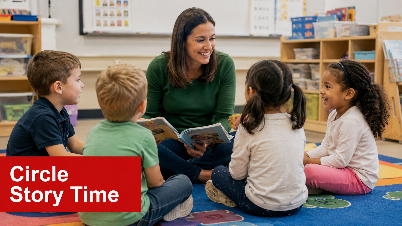 A smiling teacher reading a colorful storybook to a group of four diverse young preschool children.
