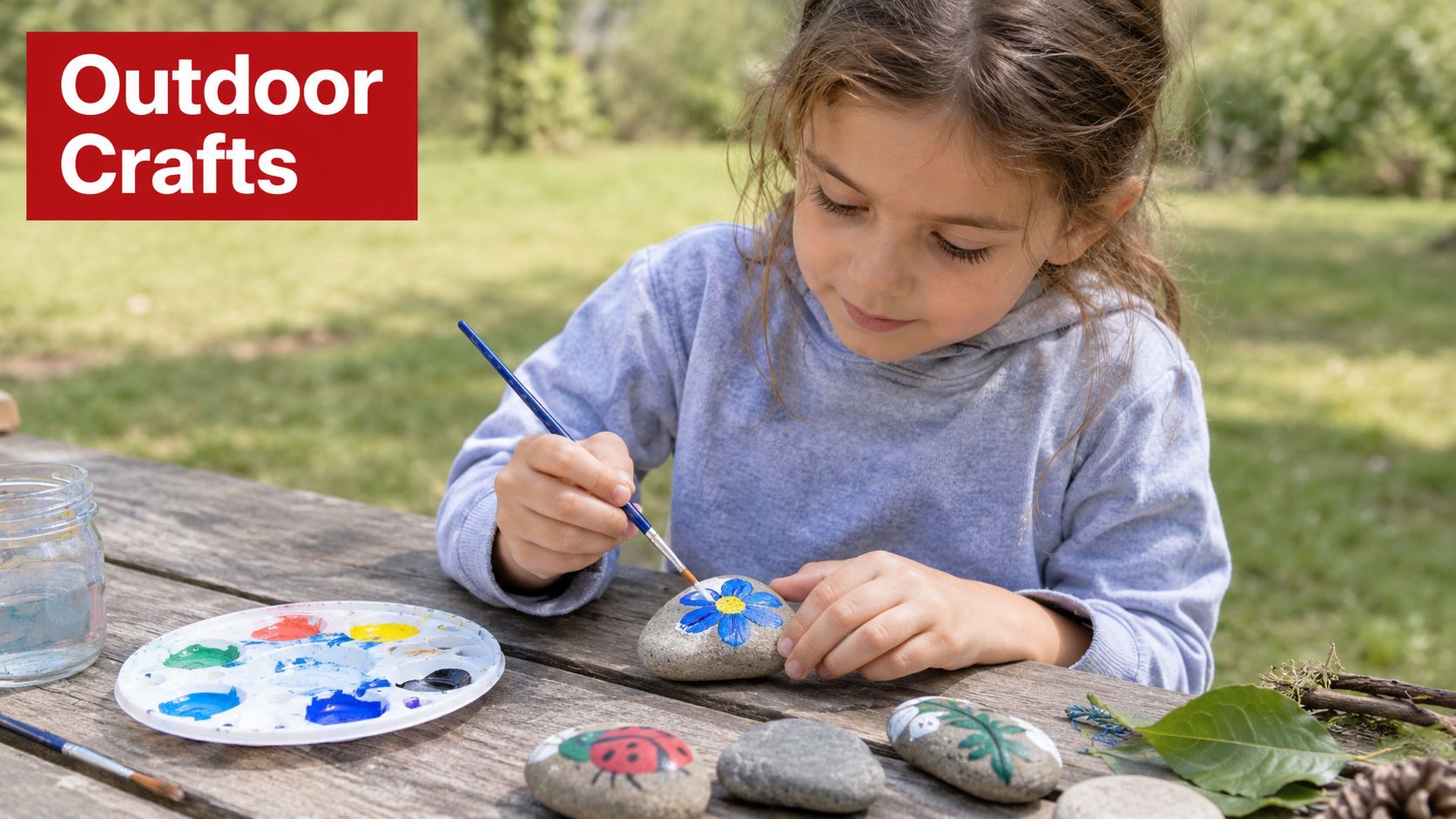 A young girl with brown hair painting a blue flower on a smooth rock outdoors.