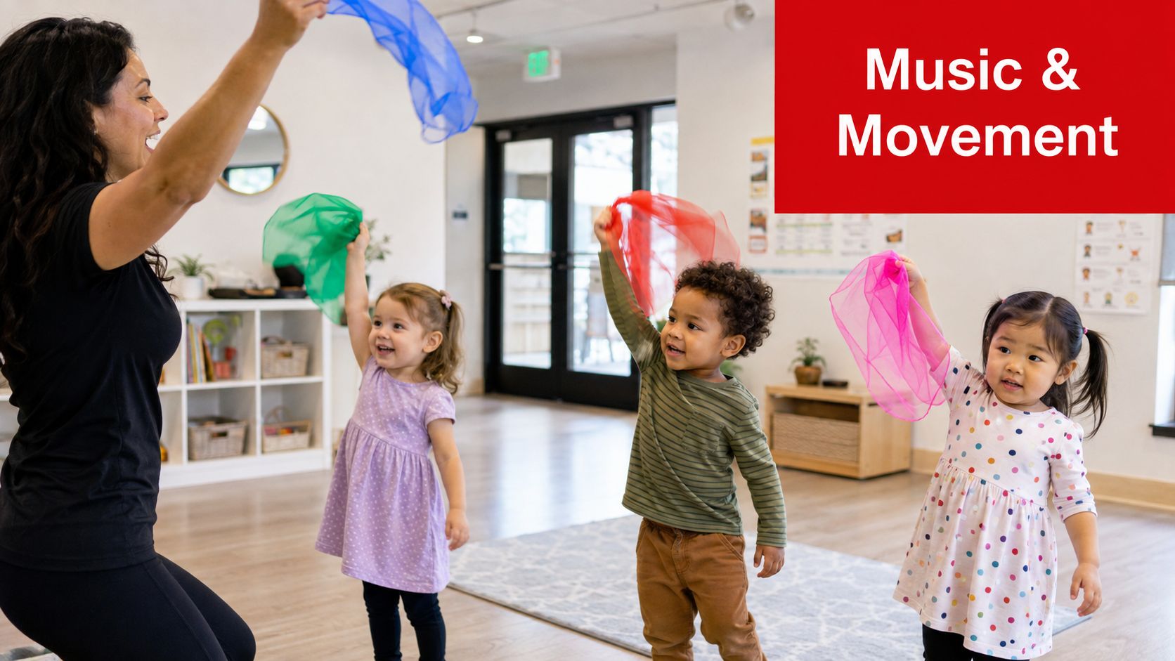 A teacher leads a music and movement activity with three preschool children using colorful play scarves.