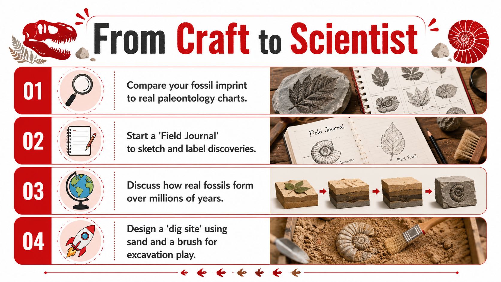 An educational infographic titled From Craft to Scientist showing four steps for exploring paleontology through fossil play.