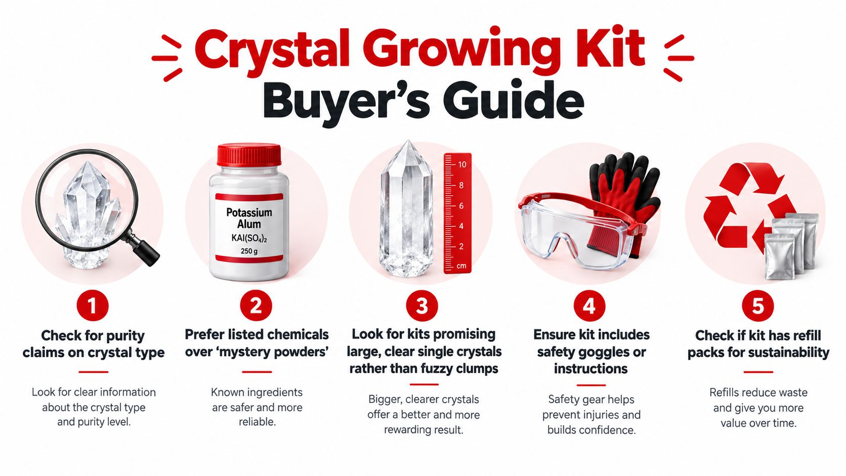 An infographic titled Crystal Growing Kit Buyer's Guide, illustrating five key tips for selecting the best kit.