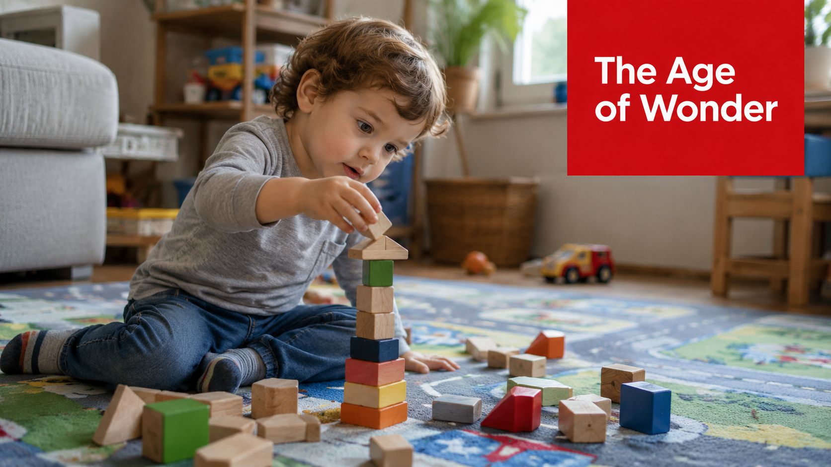 A young toddler with curly hair thoughtfully stacking colorful wooden blocks on a patterned play rug.
