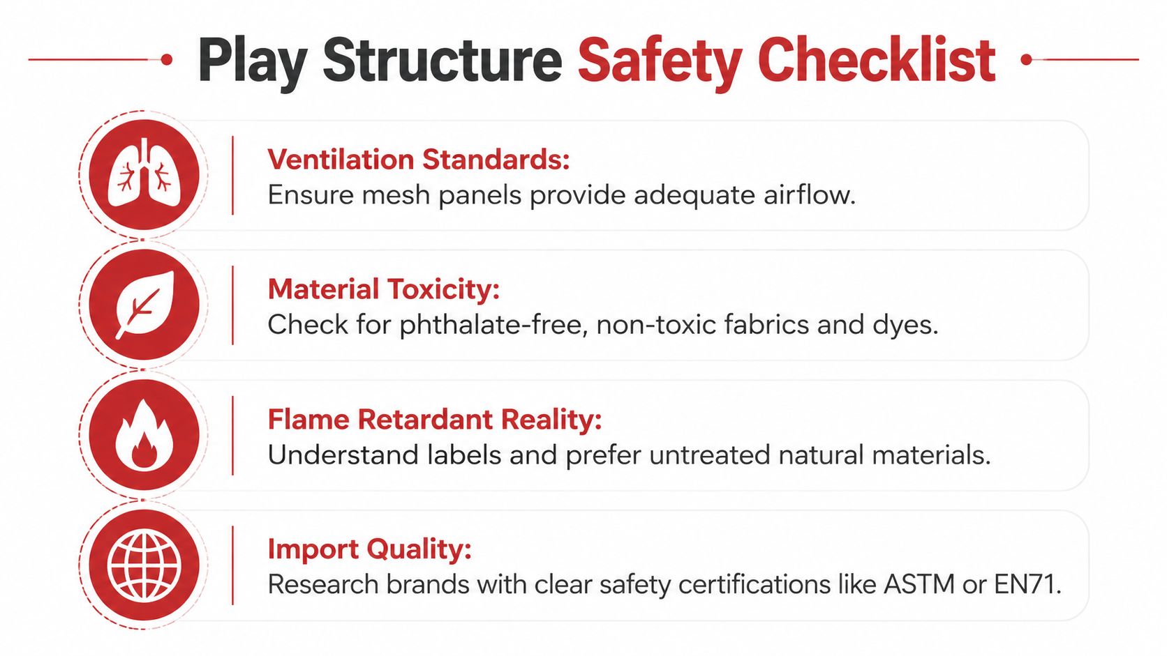 A safety checklist infographic for children's play structures covering ventilation, material toxicity, flame retardants, and import quality certifications.