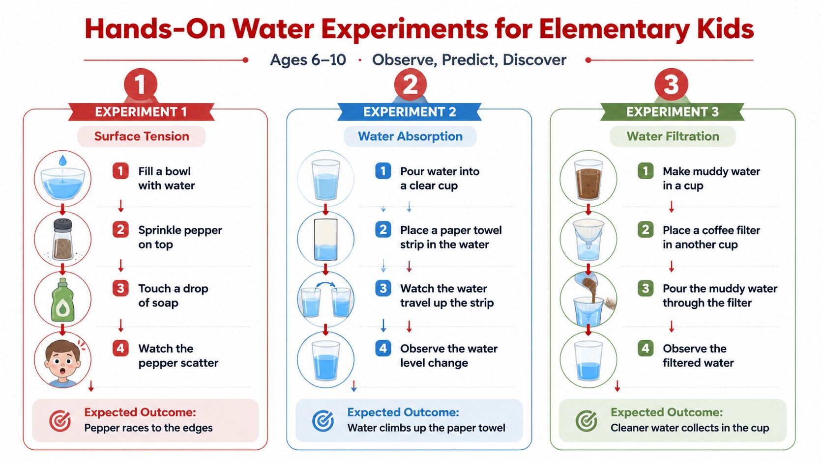 A colorful educational infographic titled Hands-On Water Experiments for Elementary Kids featuring three simple science activities.