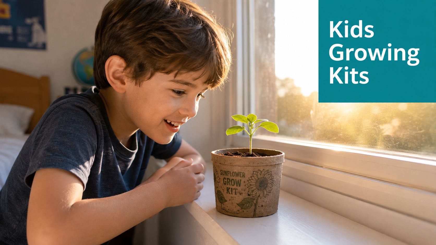 A happy young boy looking at a small green sunflower sprout in a paper starter pot.