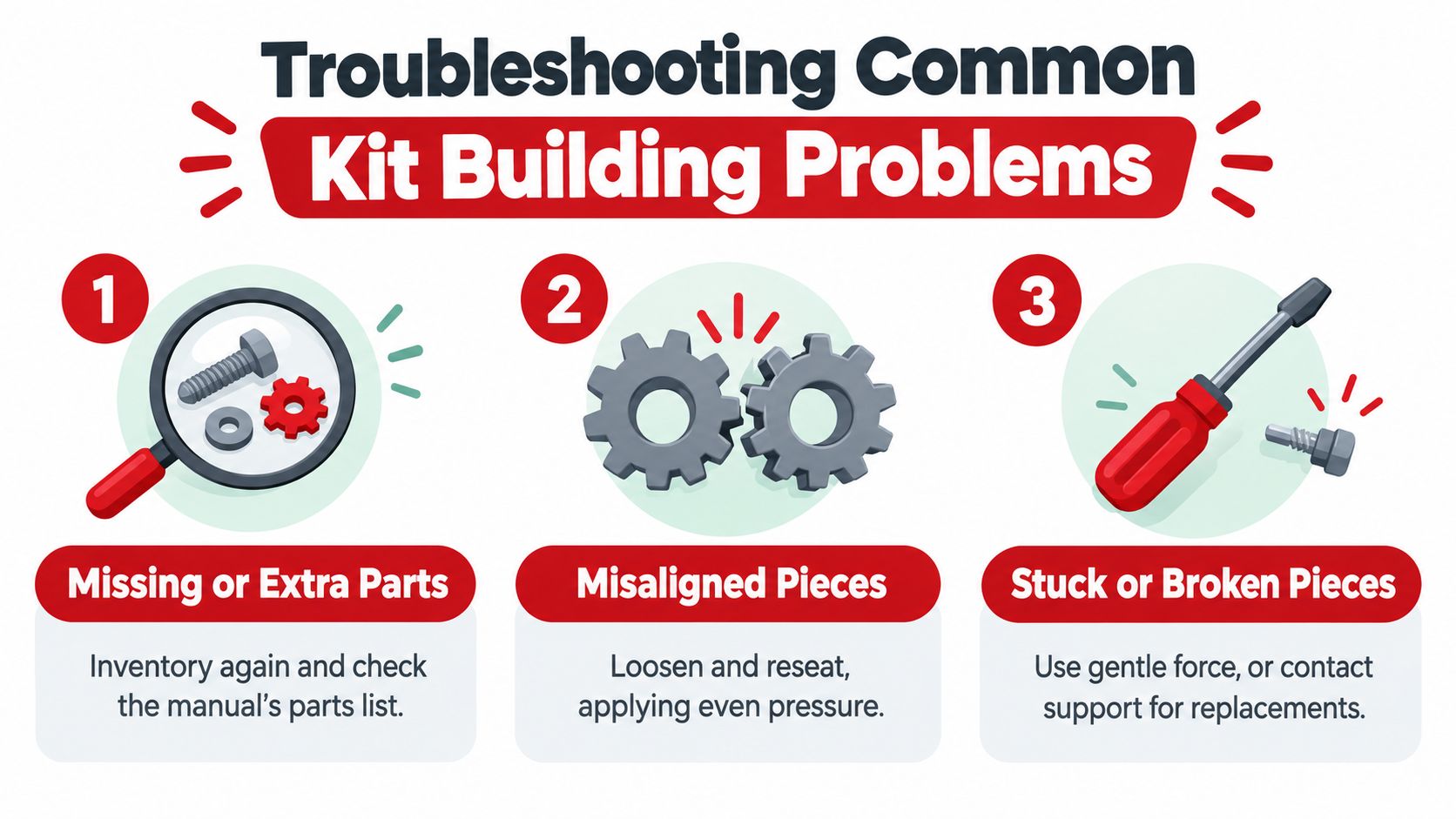 An infographic displaying three common kit building troubleshooting steps with illustrations for missing, misaligned, and broken parts.