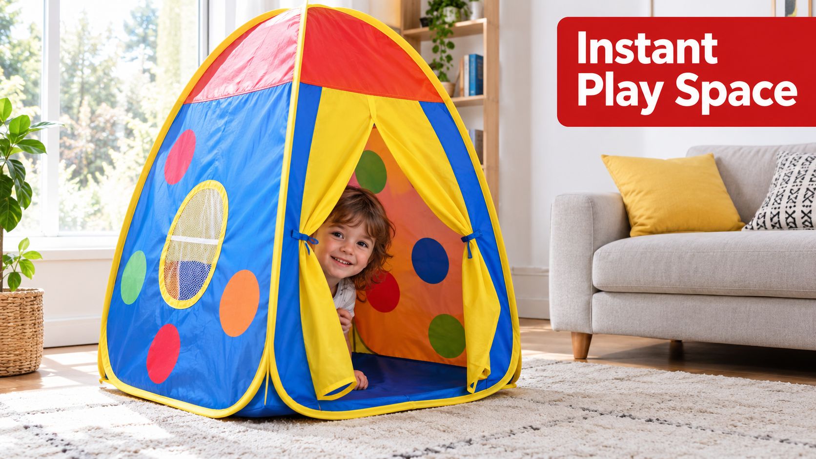 A young toddler smiling inside a colorful, foldable play tent set up in a bright living room.