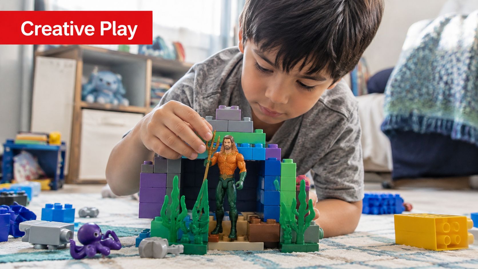 A young boy plays with Aquaman action figures and colorful building blocks on a soft bedroom rug.