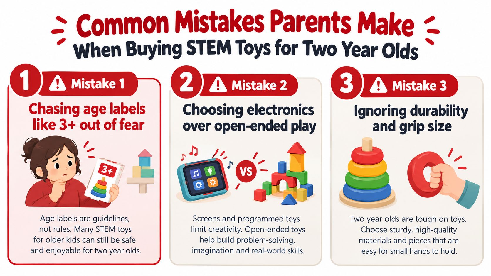 An infographic showing three common mistakes parents make when buying STEM toys for two year old children.