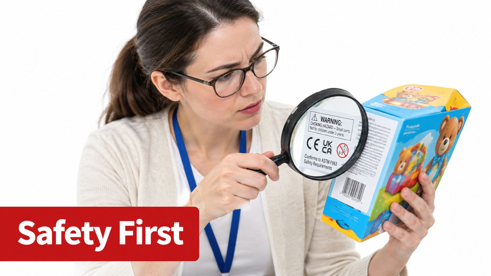 A professional woman uses a magnifying glass to inspect the safety warning label on a toy package.