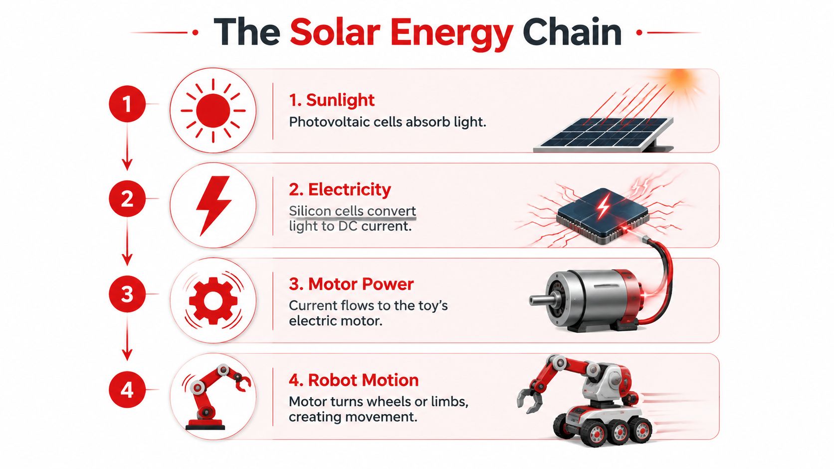 A diagram explaining the four-step solar energy chain process powering a robotic toy kit.