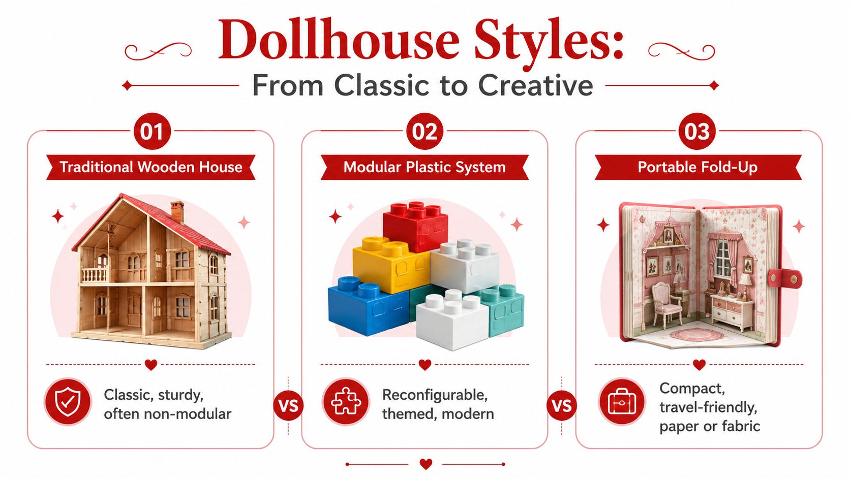 An infographic comparing three styles of dollhouses: traditional wooden, modular plastic, and portable fold-up designs.