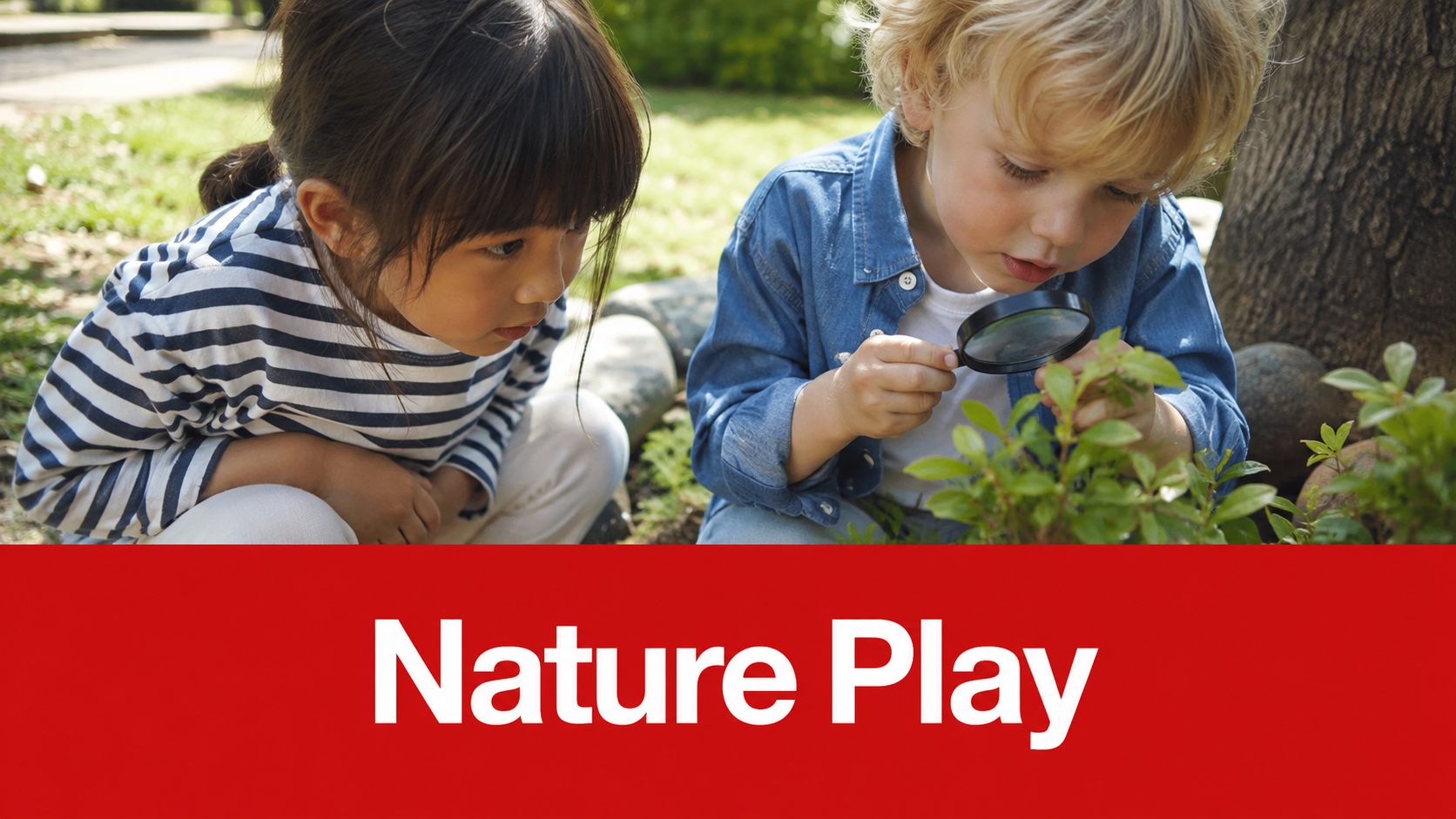 Two preschool children exploring a small green plant in a garden with a magnifying glass.