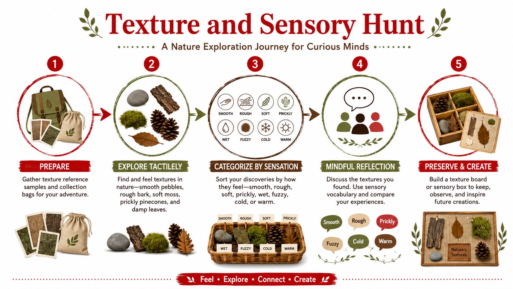 An educational infographic titled Texture and Sensory Hunt outlining five steps for an engaging nature exploration activity.