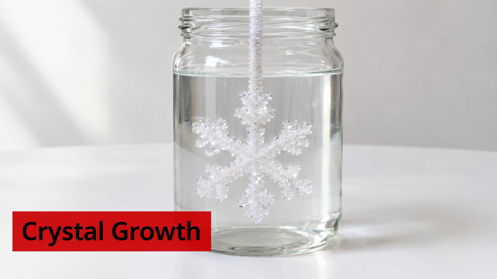 A crystal snowflake ornament hanging inside a glass jar of water for a science experiment.