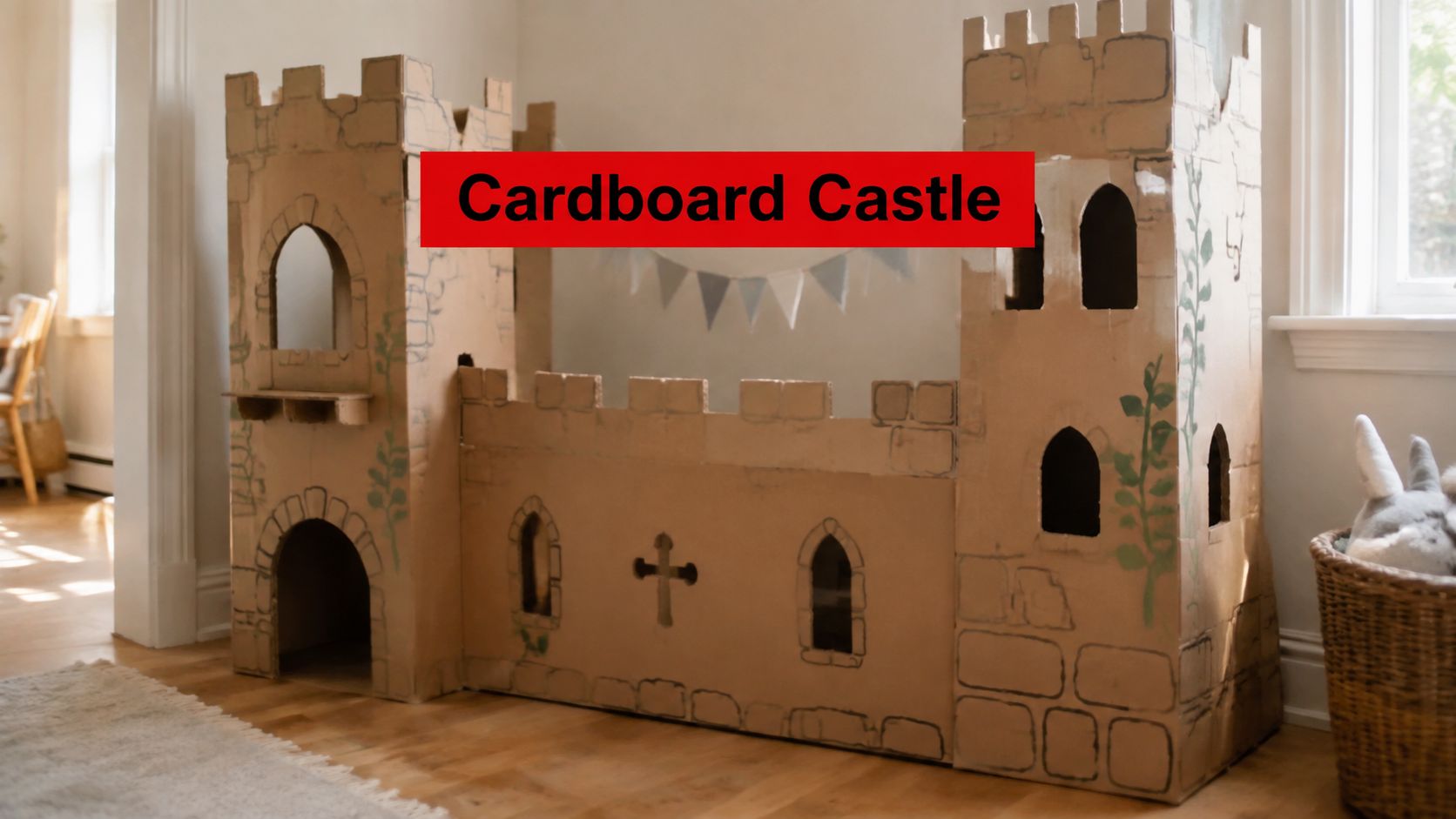 A creative homemade cardboard castle playhouse for kids standing in a bright and cozy living room.