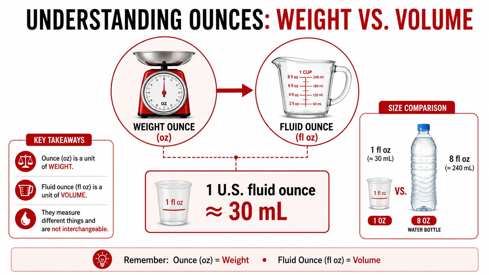 An infographic explaining the difference between weight ounces and fluid ounces with volume and size comparisons.