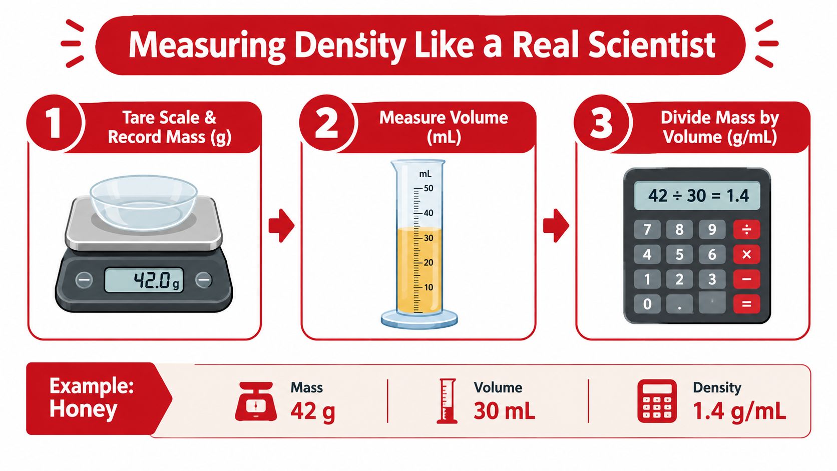 An infographic showing the three-step scientific process for calculating the density of honey using a scale and cylinder.