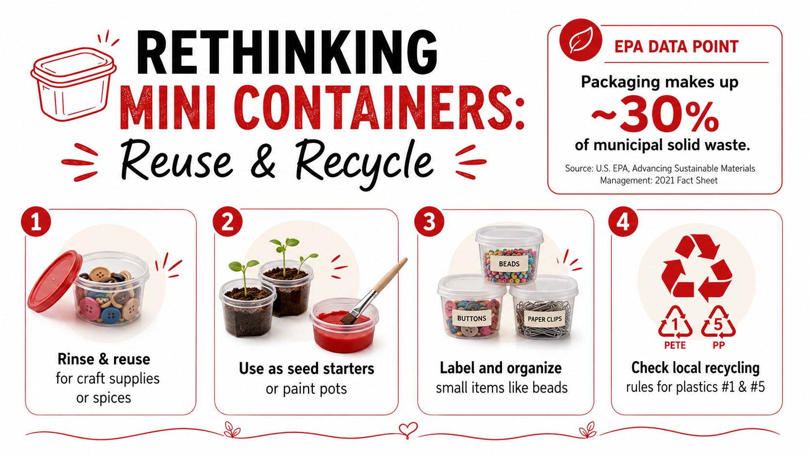 An infographic showing four ways to reuse and recycle small plastic food containers for sustainability.