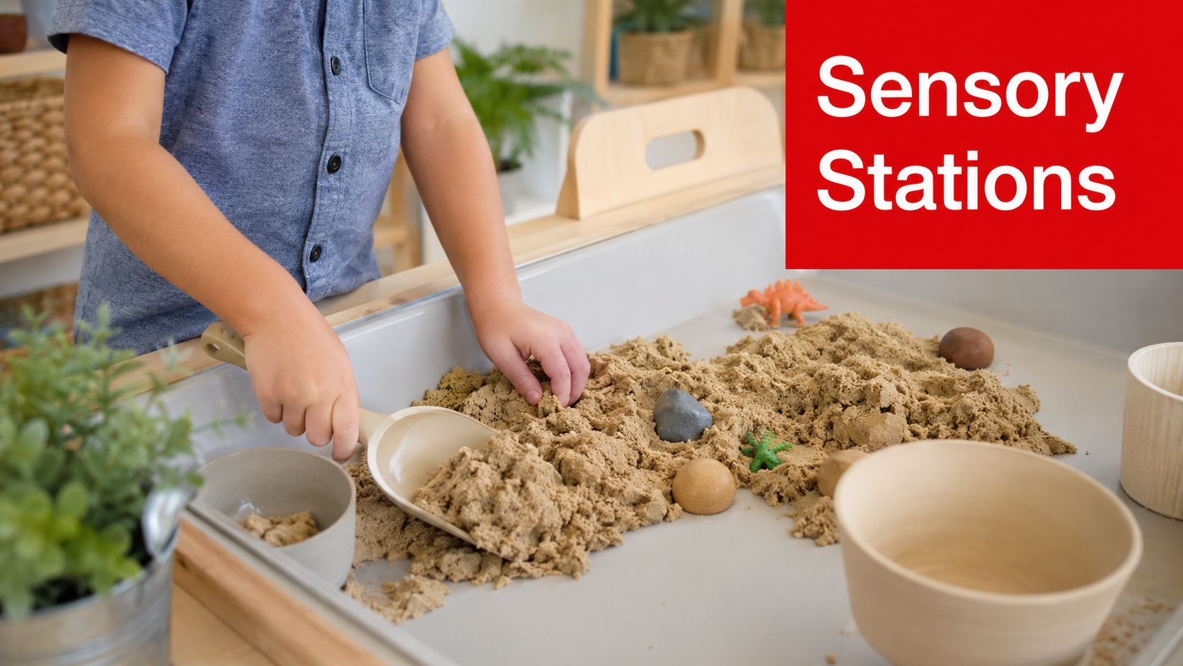 A young child engages in sensory play with kinetic sand, plastic dinosaurs, and bowls in a classroom.
