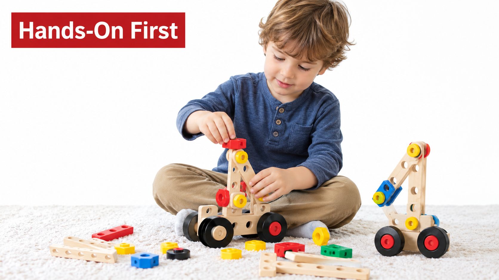 A young boy sitting on a white carpet, happily building structures using wooden toy construction blocks.