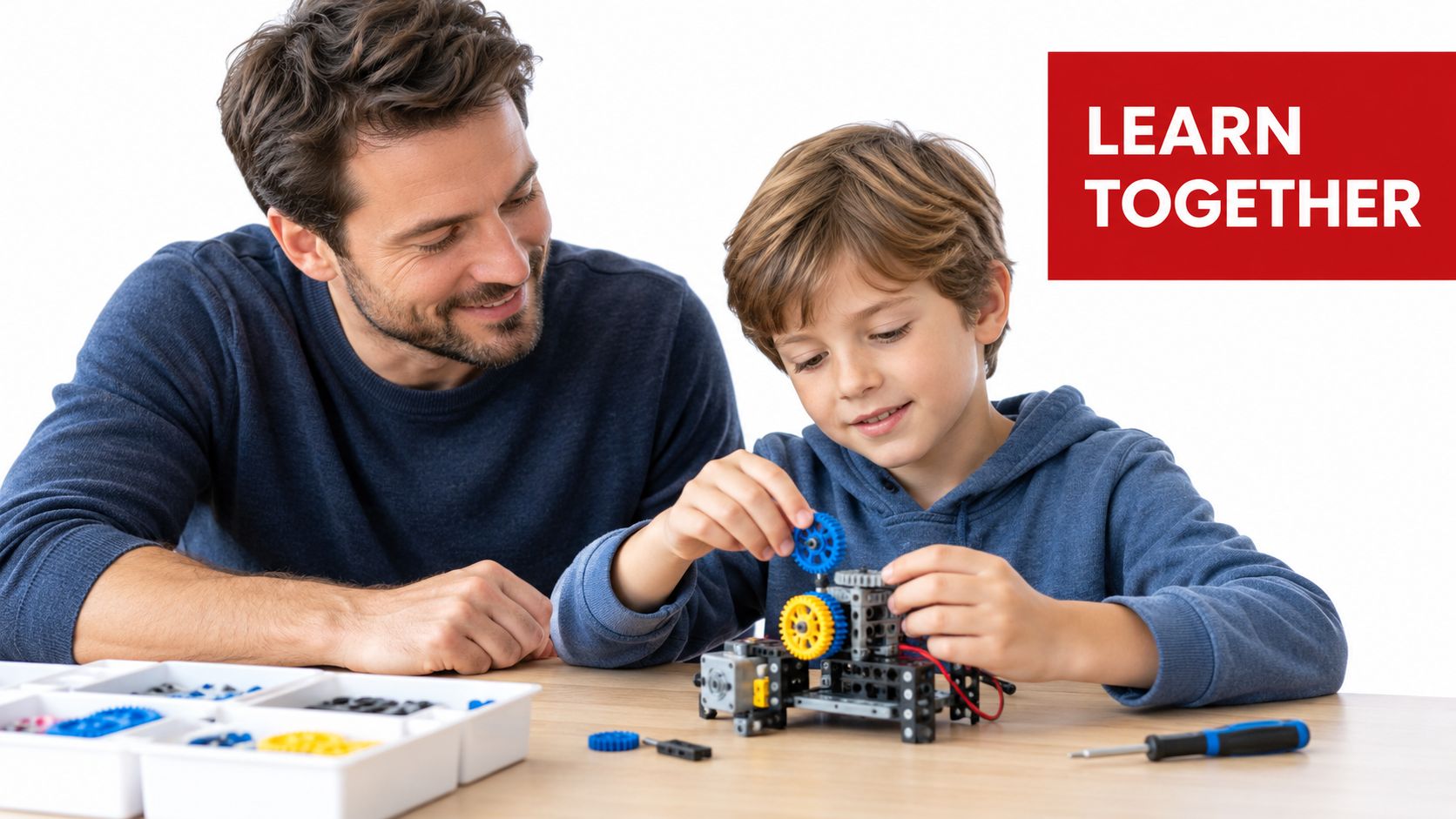 A father and son spending quality time together building a mechanical toy robot kit on a desk.
