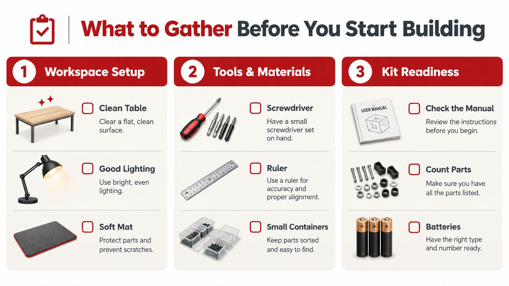 An infographic checklist for gathering tools and workspace requirements before starting an assembly or construction kit project.
