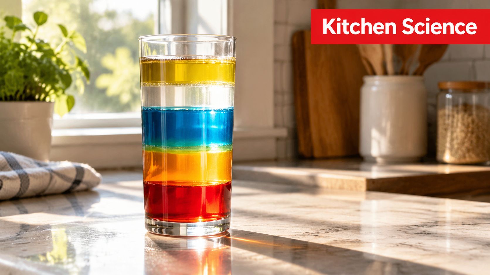 A glass density tower filled with layers of colorful liquids sitting on a kitchen countertop.