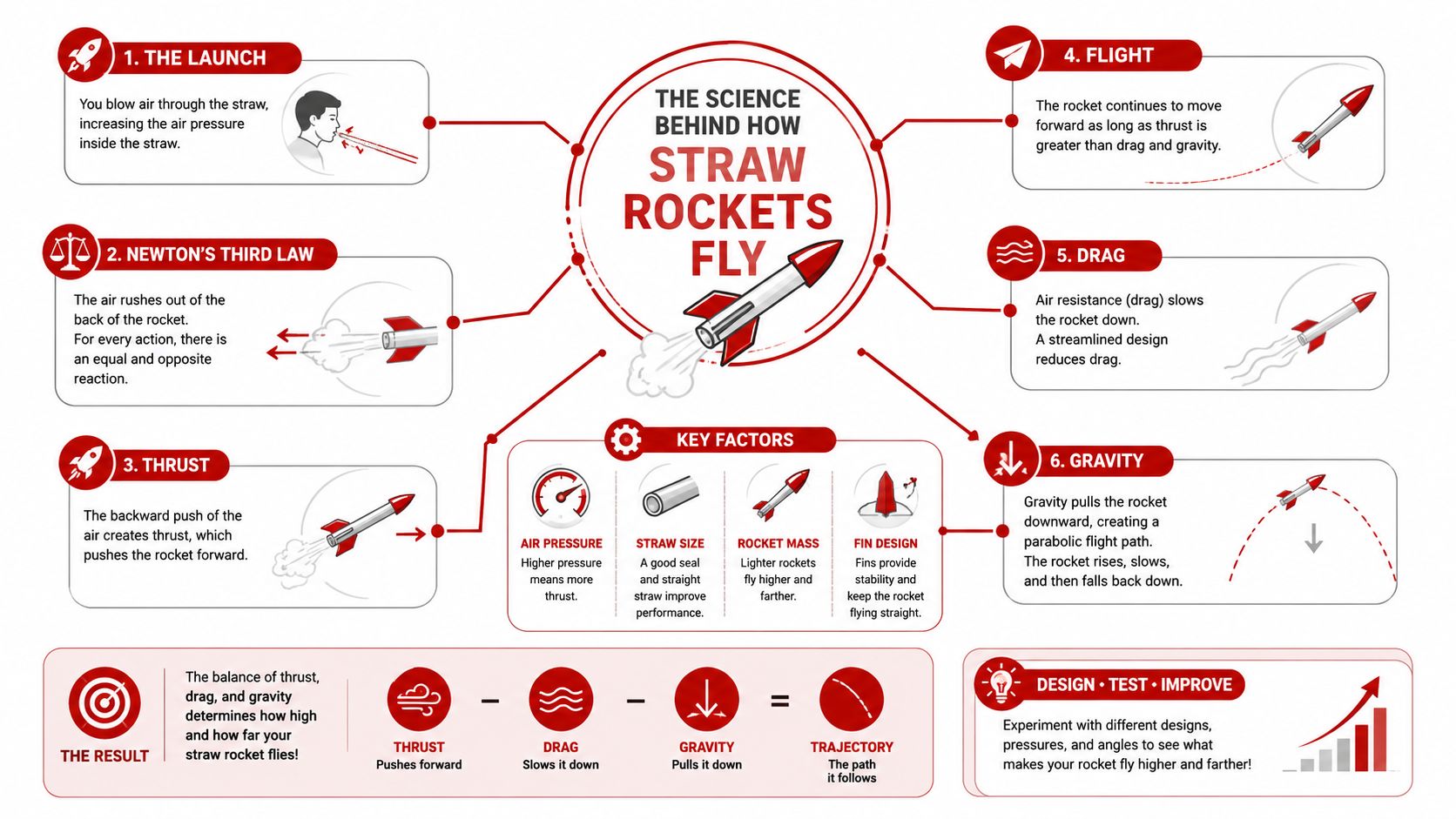 An educational infographic explaining the scientific principles behind how straw rockets fly, including forces and design factors.