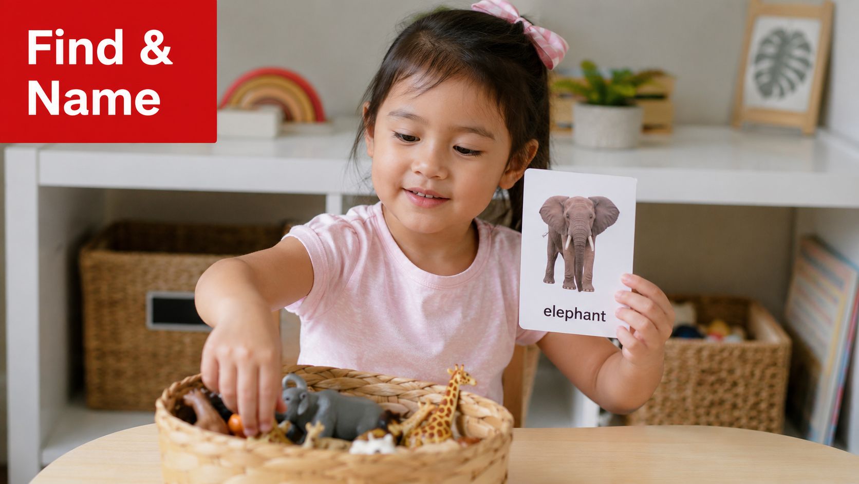 A young child holding an elephant flashcard and reaching for a basket of animal toys.